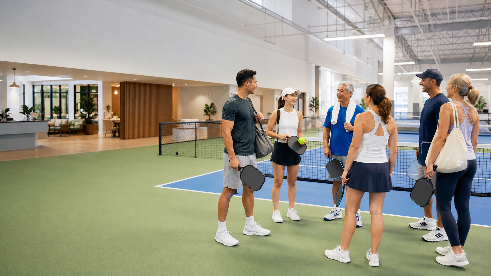 A private group playing pickleball inside a bright modern indoor club